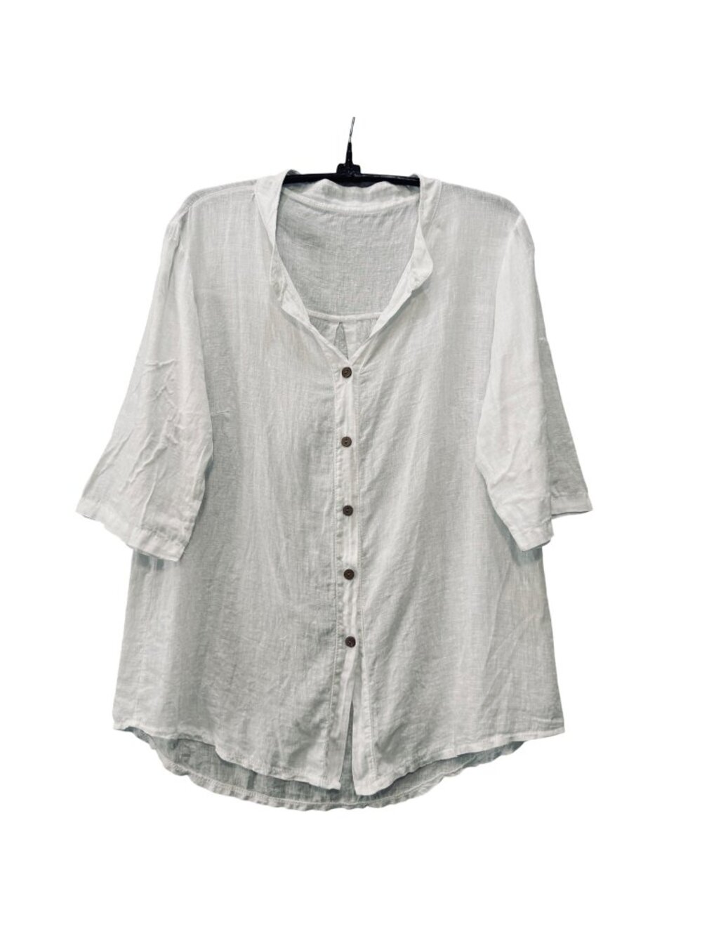 White 100% Linen Blouse Size M Johnny Collar Prato Italy Beachy Quiet Luxury